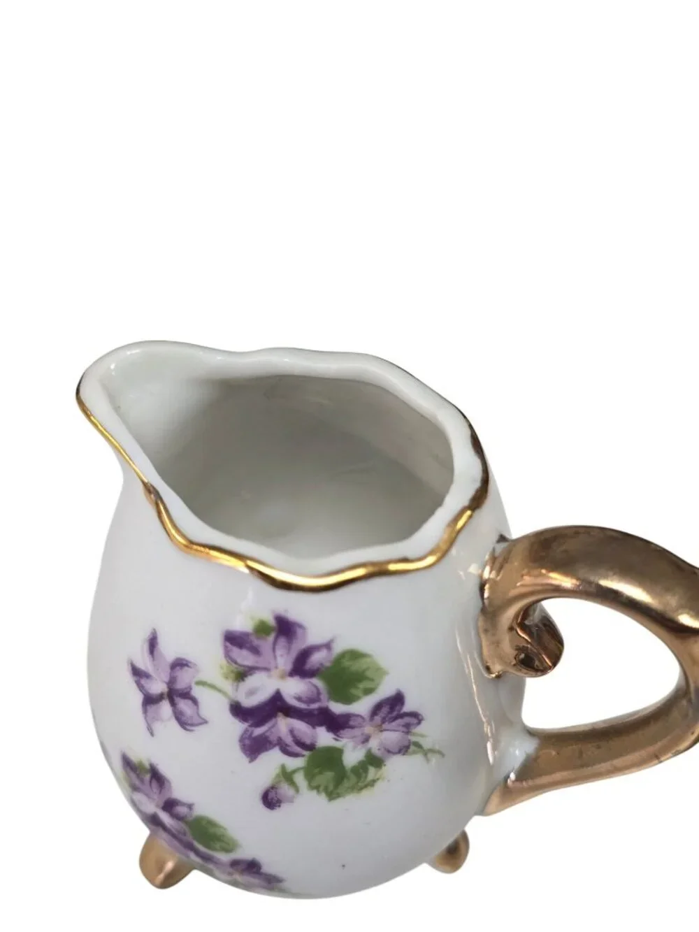 Vintage Enesco Japanese Creamer & Sugar Set Purple Floral Gold Trim Footed 3.5